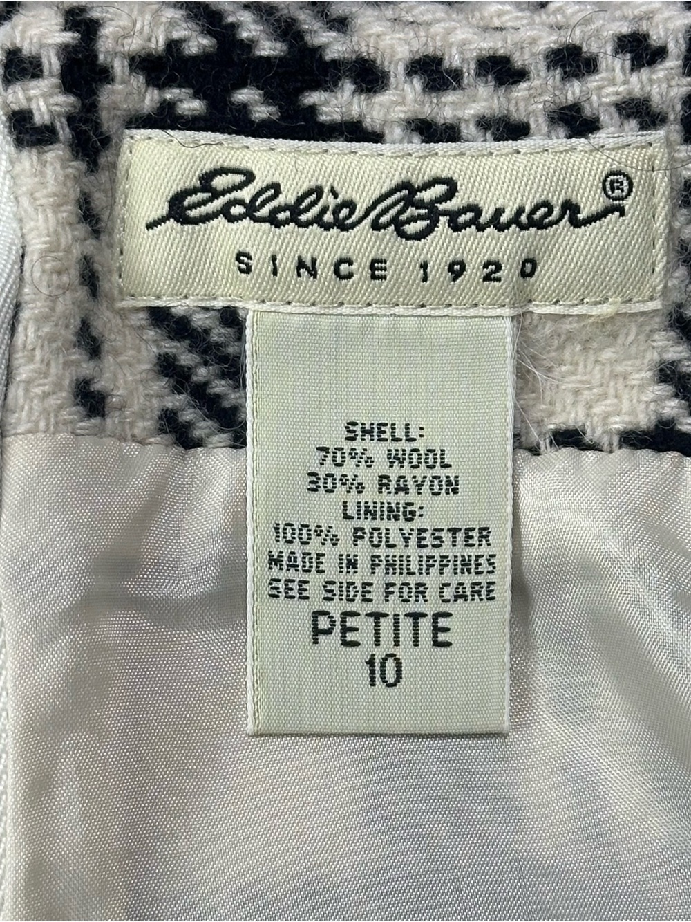 Eddie Bauer Petite 10 Wool Blend Plaid Mini Skirt Black Ivory Lined Career - Picture 8 of 8